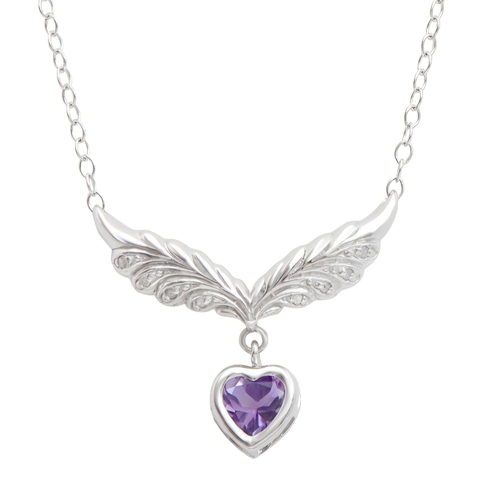 Beautiful Womens White Gold Rhodium PlatedSterlingSilverWinged Diamond/ Amethyst